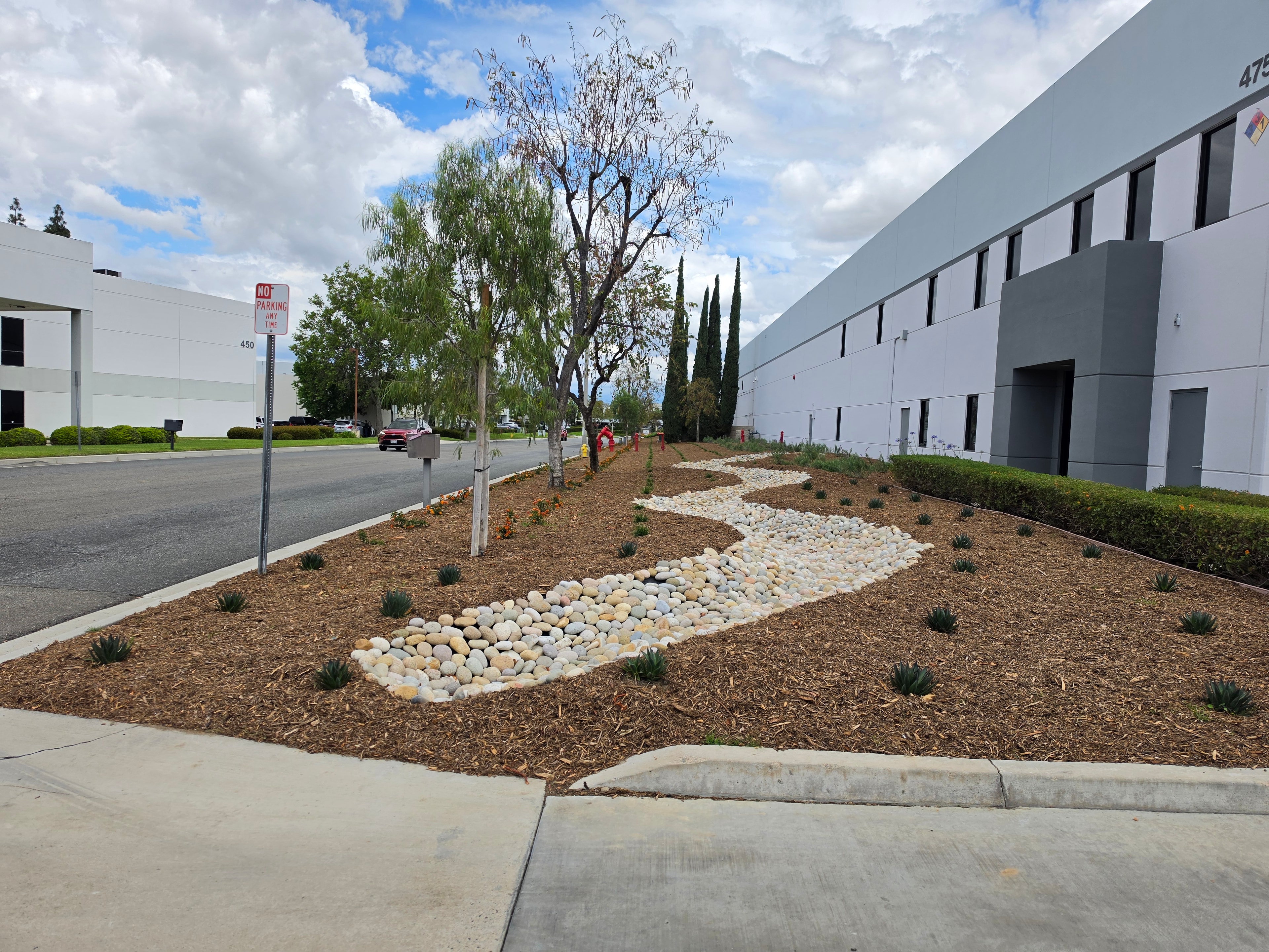 Industrial park landscaping with drought-tolerant plants and decorative rock maintained by Kirton's Landscape Maintenance, Inc.