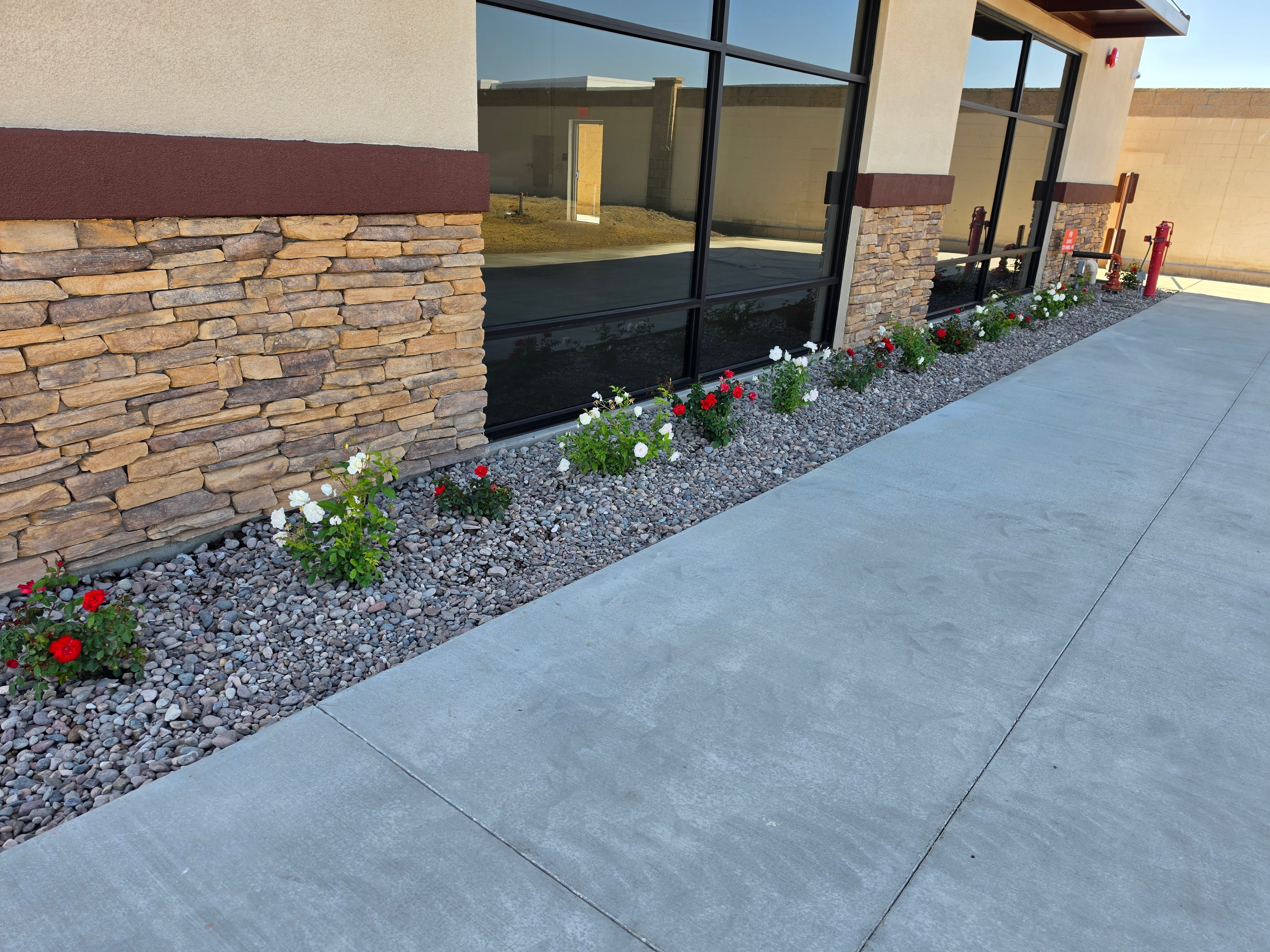 Commercial building entrance with stone veneer and colorful flowering landscape maintained by Kirton's Landscape Maintenance, Inc.